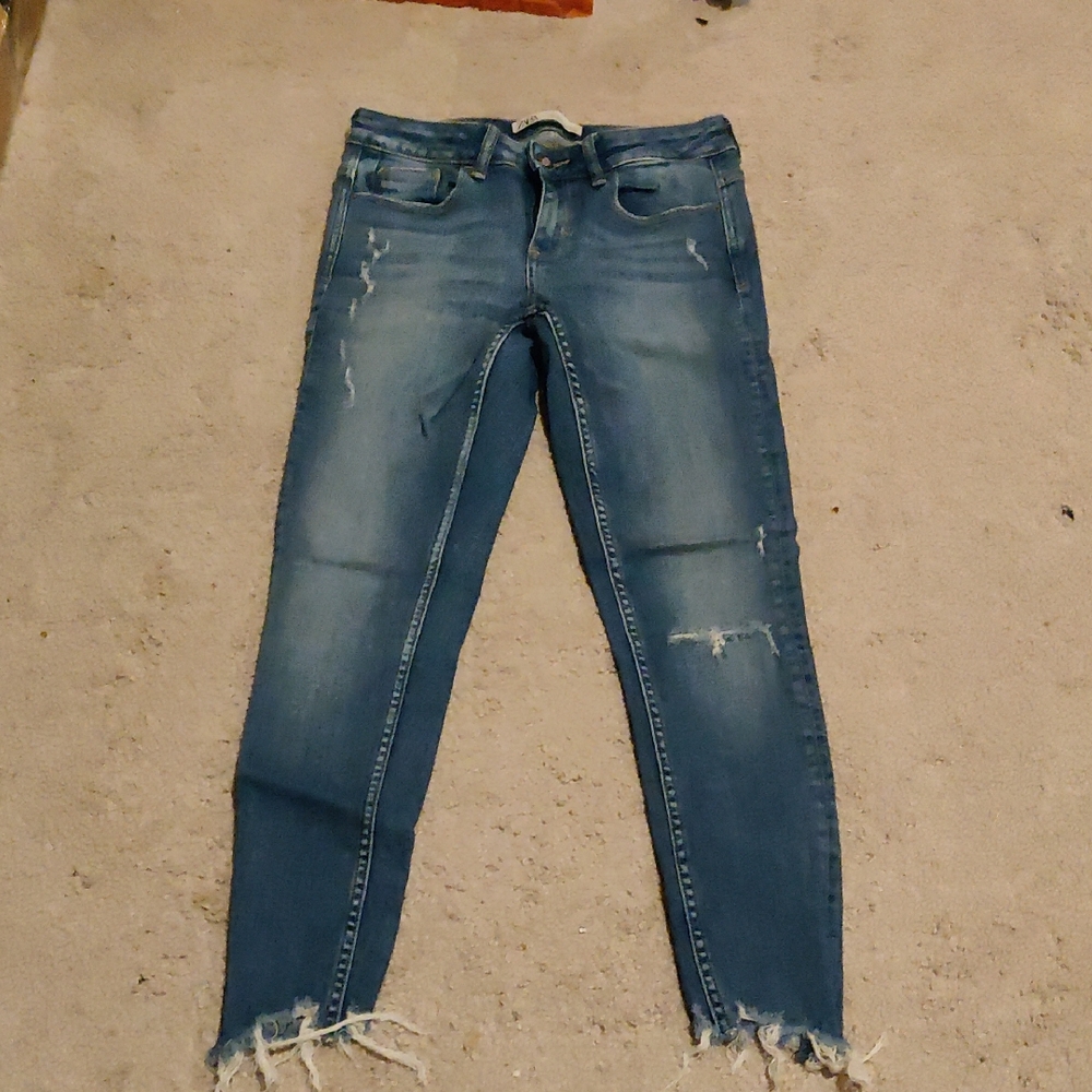 Zara Women's Distressed Blue Skinny Denim Raw Ankle Hem Edge Jeans Y2K Vintage